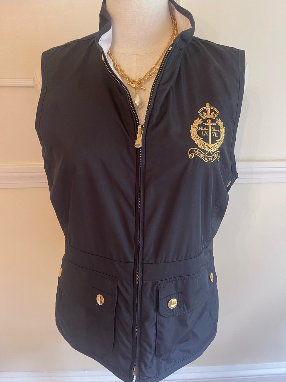 Ralph Lauren Black Sleeveless Reversable Vest with Gold Crest Embroidery